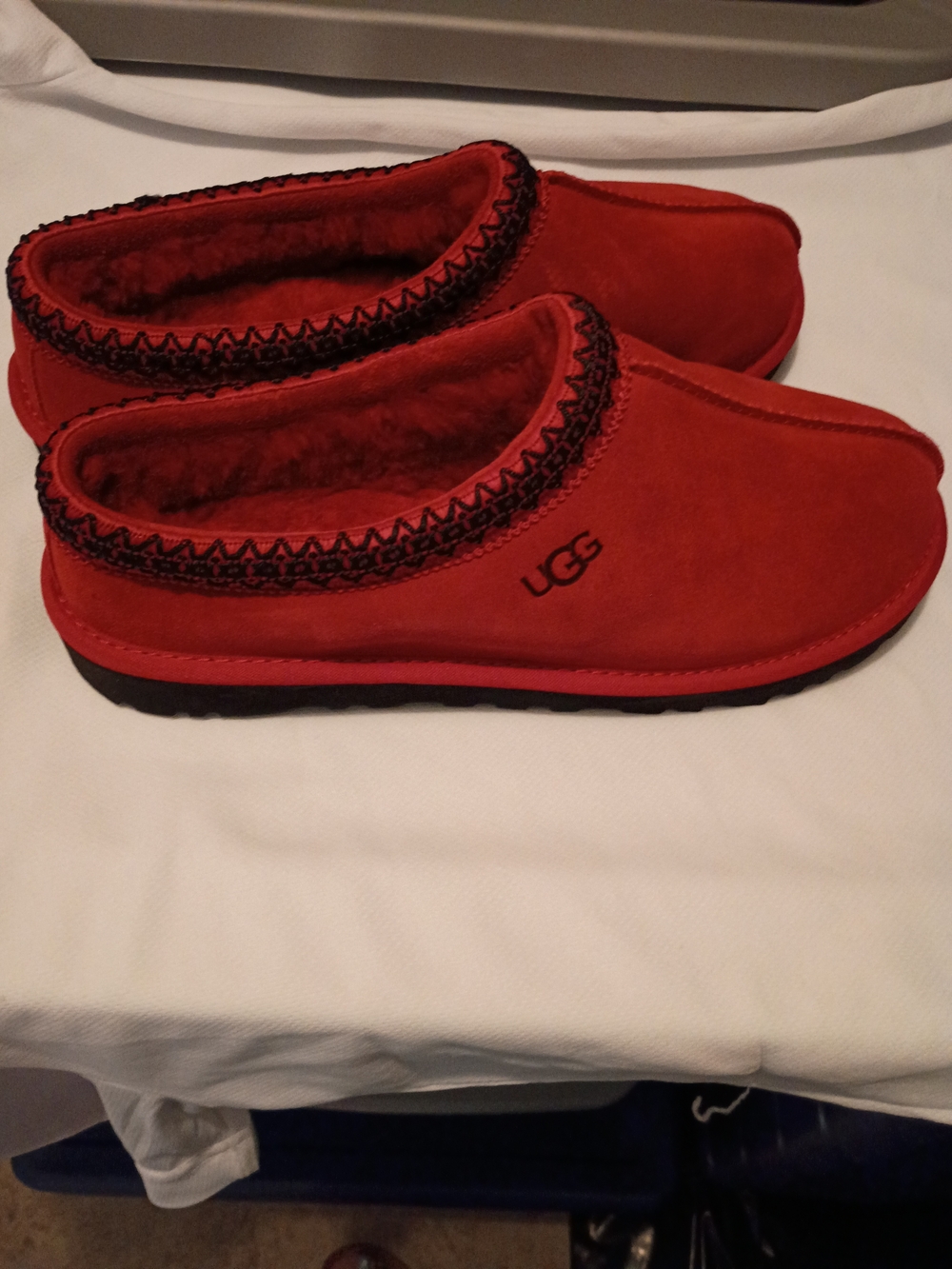 UGG Women's Red Suede Moccasin Slippers with Embroidered Trim